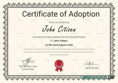 Certificado de adoção da comunidade Willows Cove exemplo